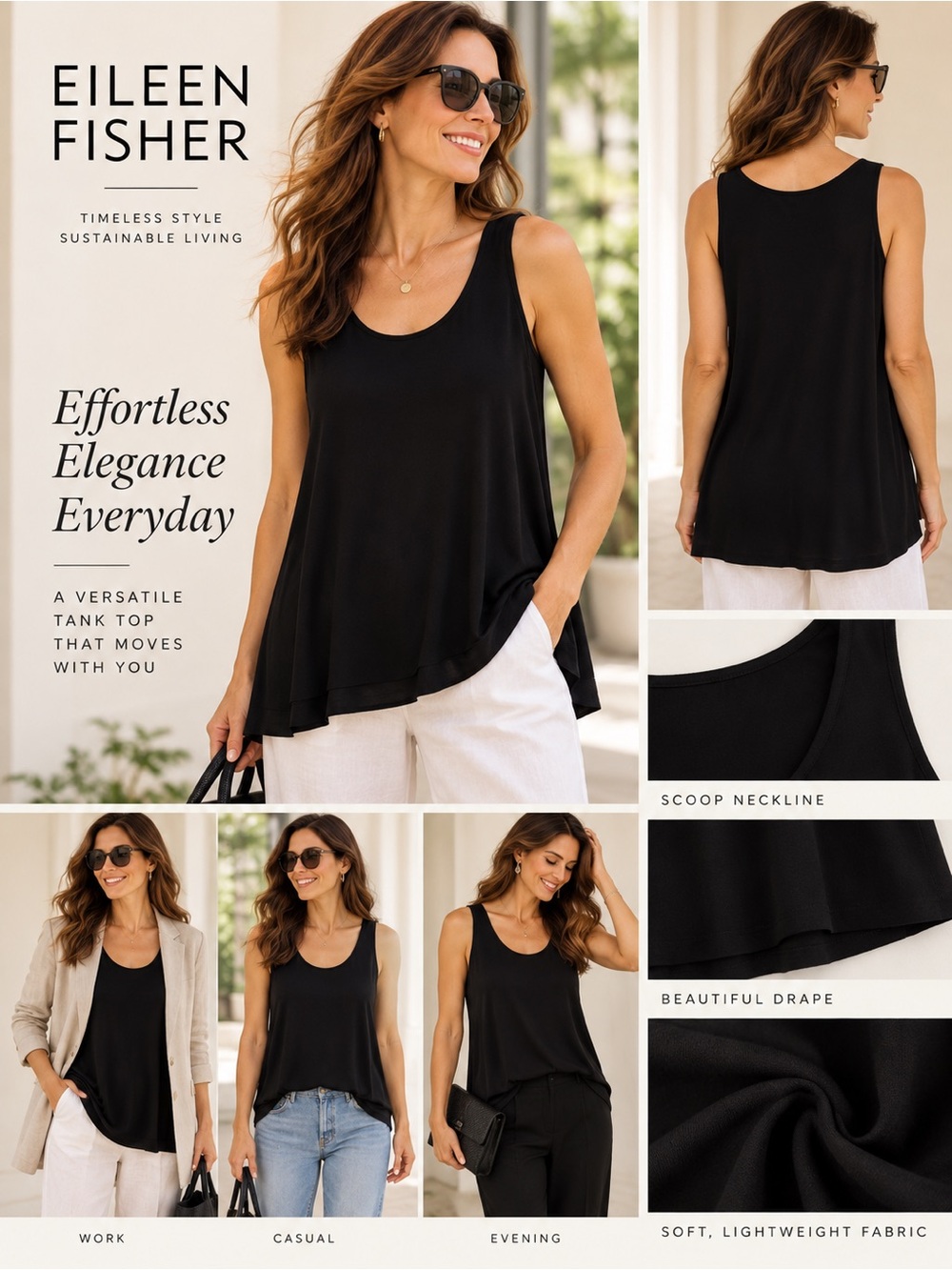 Eileen Fisher Black Sleeveless Scoop-Neck Draped Tank